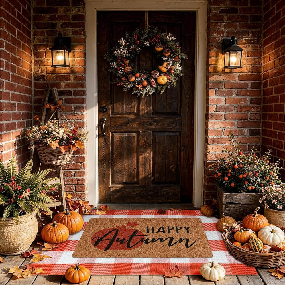 2-Piece Fall Front Door Mat Set, Layered Coir & Orange White Plaid Mats