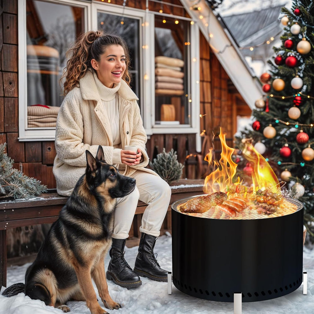 HGD 28" Smokeless Firepit with Stand & Grill Rack, Large Stainless S...