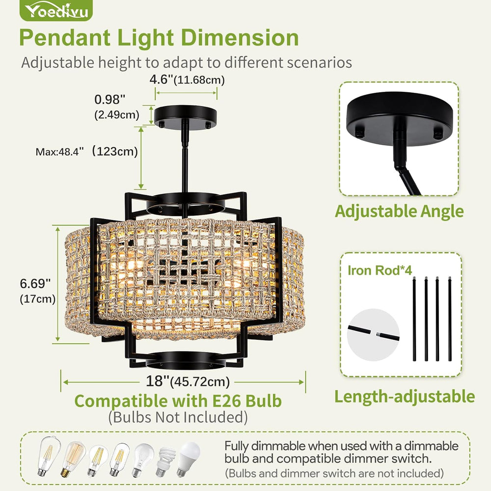 18" Rattan Chandelier, 4-Light Boho Pendant Light for Dining Room