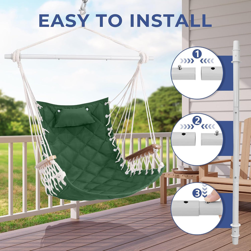 Hammock Chair Hanging Swing with Wooden Armrest Indoor, Green