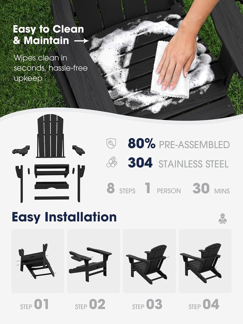 KINGYES Adjustable Folding Adirondack Chair with Footrest & 4-in-1 Multi-...
