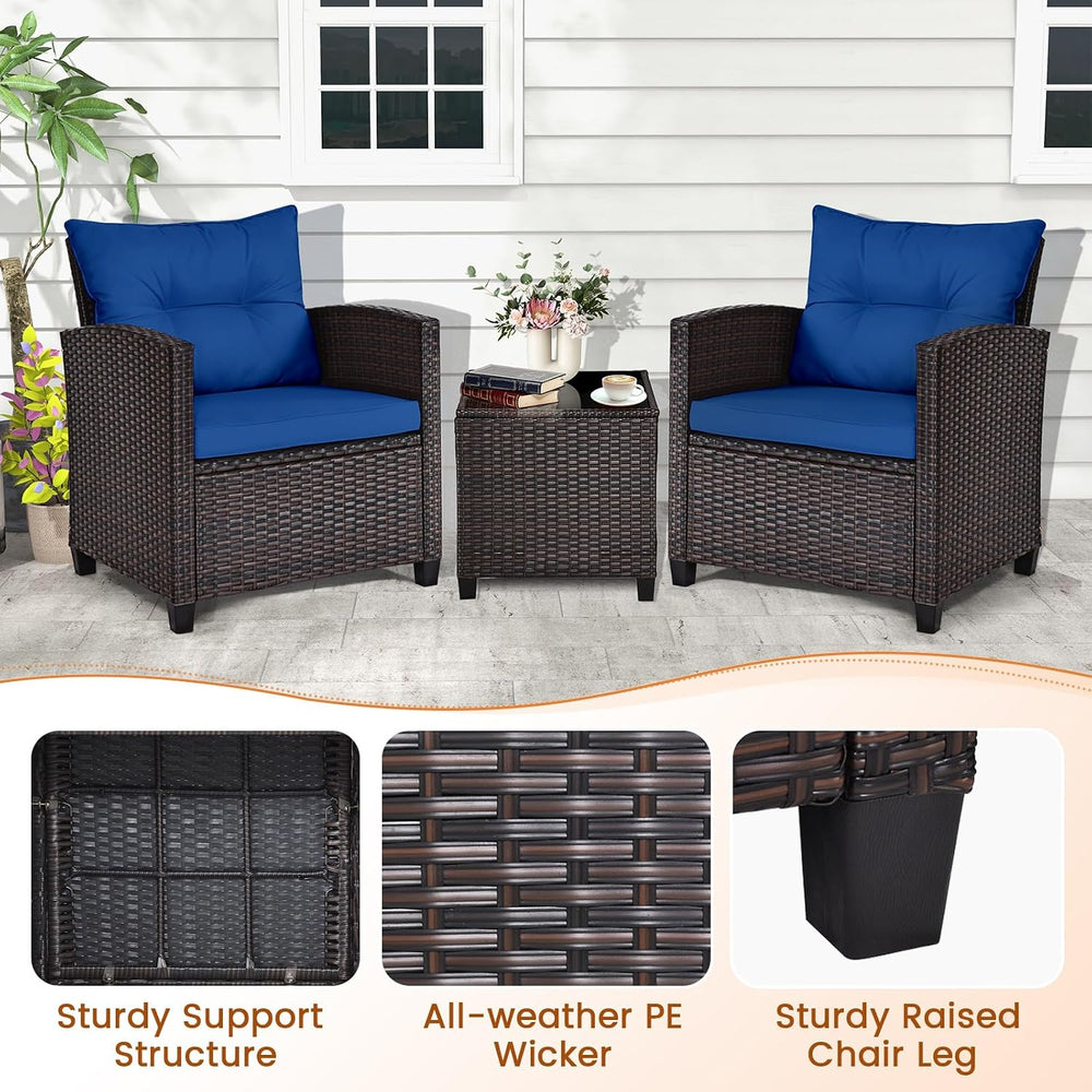 ORALNER 3 Pieces Patio Furniture Set, Outdoor Wicker Bistro Set (Navy)