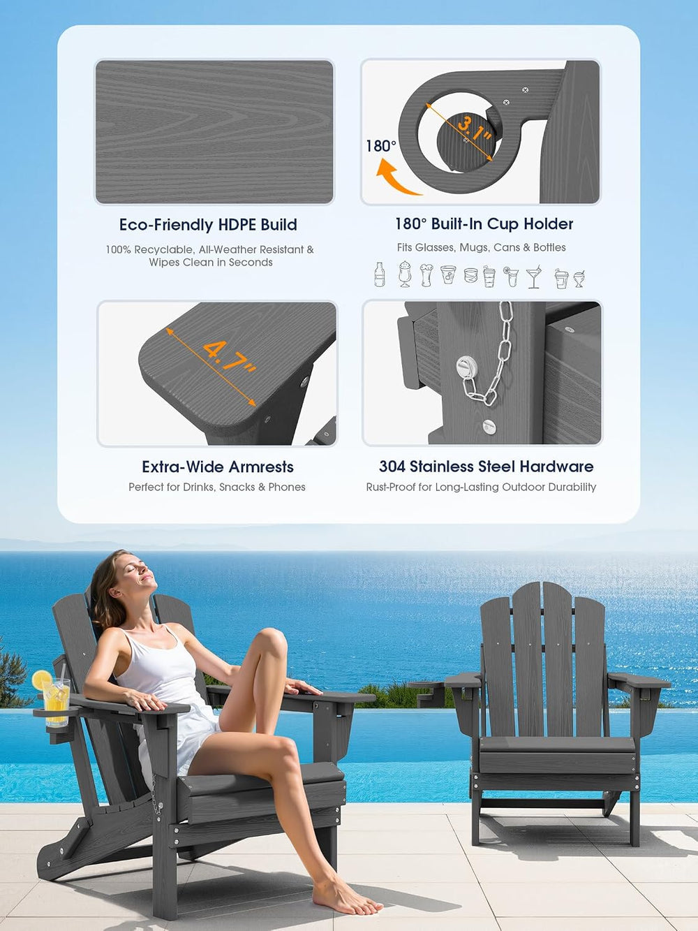 KINGYES Adjustable Adirondack Chair, 3 Position Chair with Cup Holder Gray
