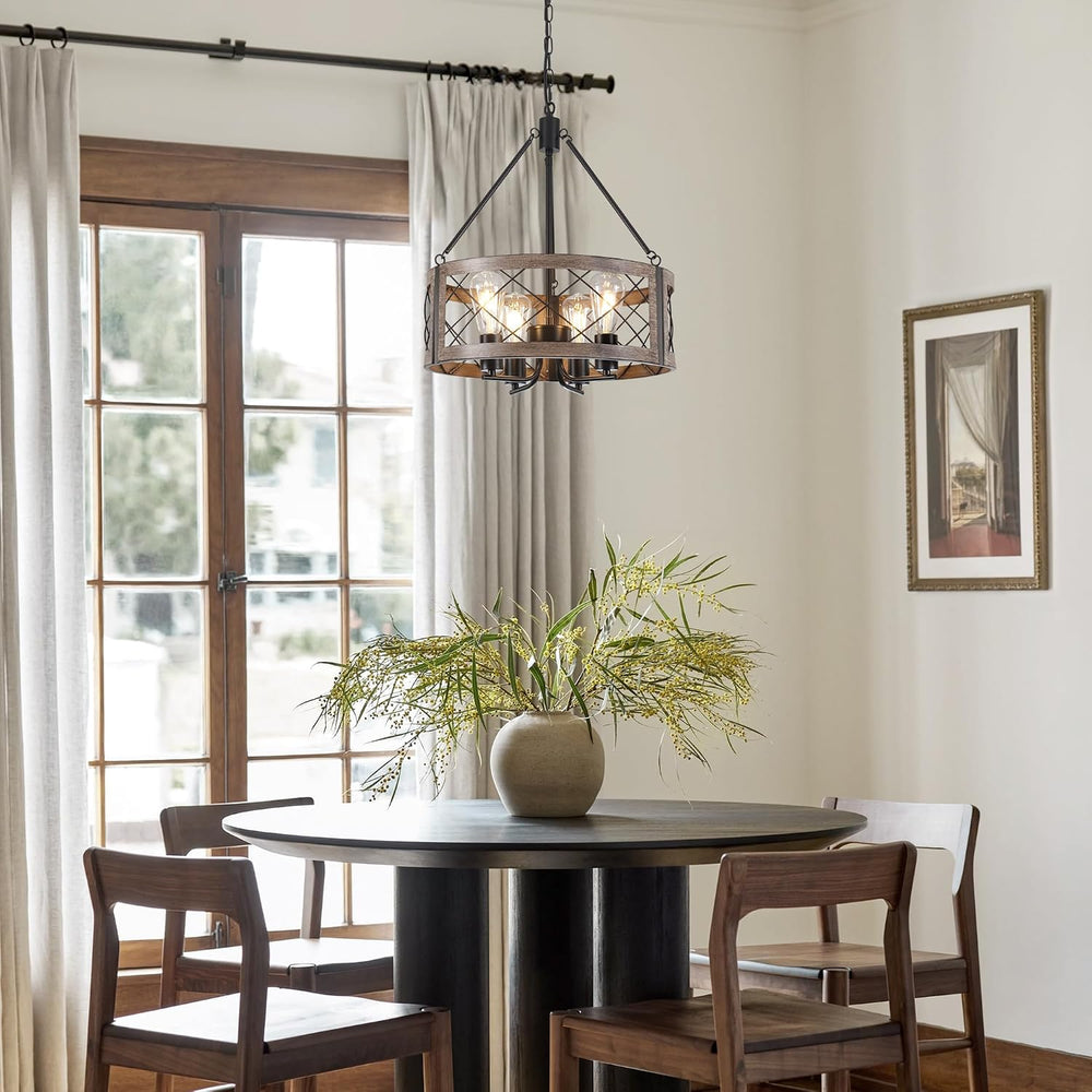 Farmhouse Drum Chandelier for Dining Room, 18" Rustic Black Chandelier w...