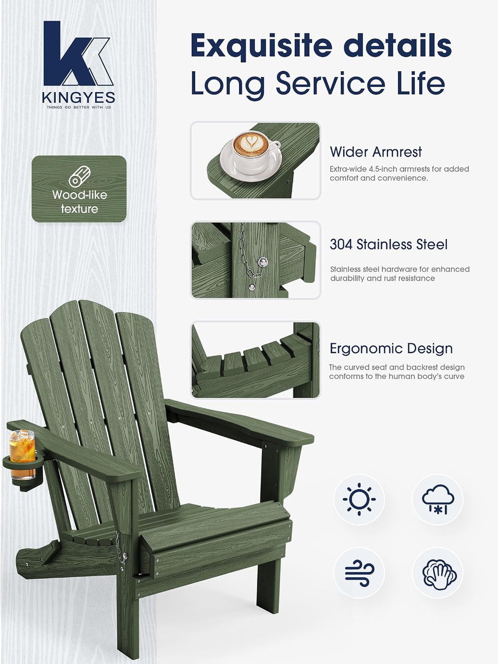 KINGYES Folding Adirondack Chair Set of 2 with Cup Holder, Avocado