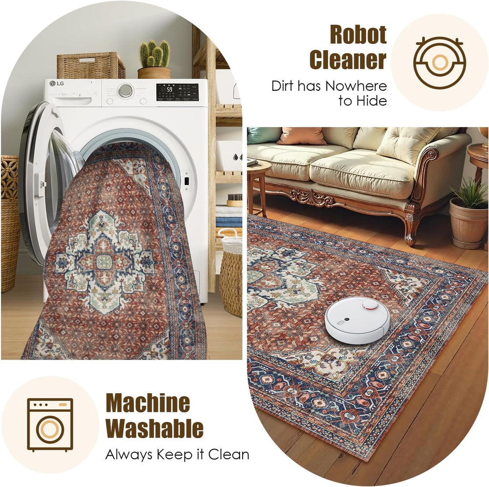 Washable Area Rug 8' x 10' Vintage Traditional Persian Mat - Foldable...