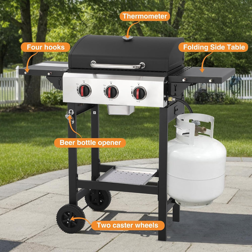 Propane Gas Grill with Folding Side Tables, 3-Burner Gas Grill with Cast Iron...