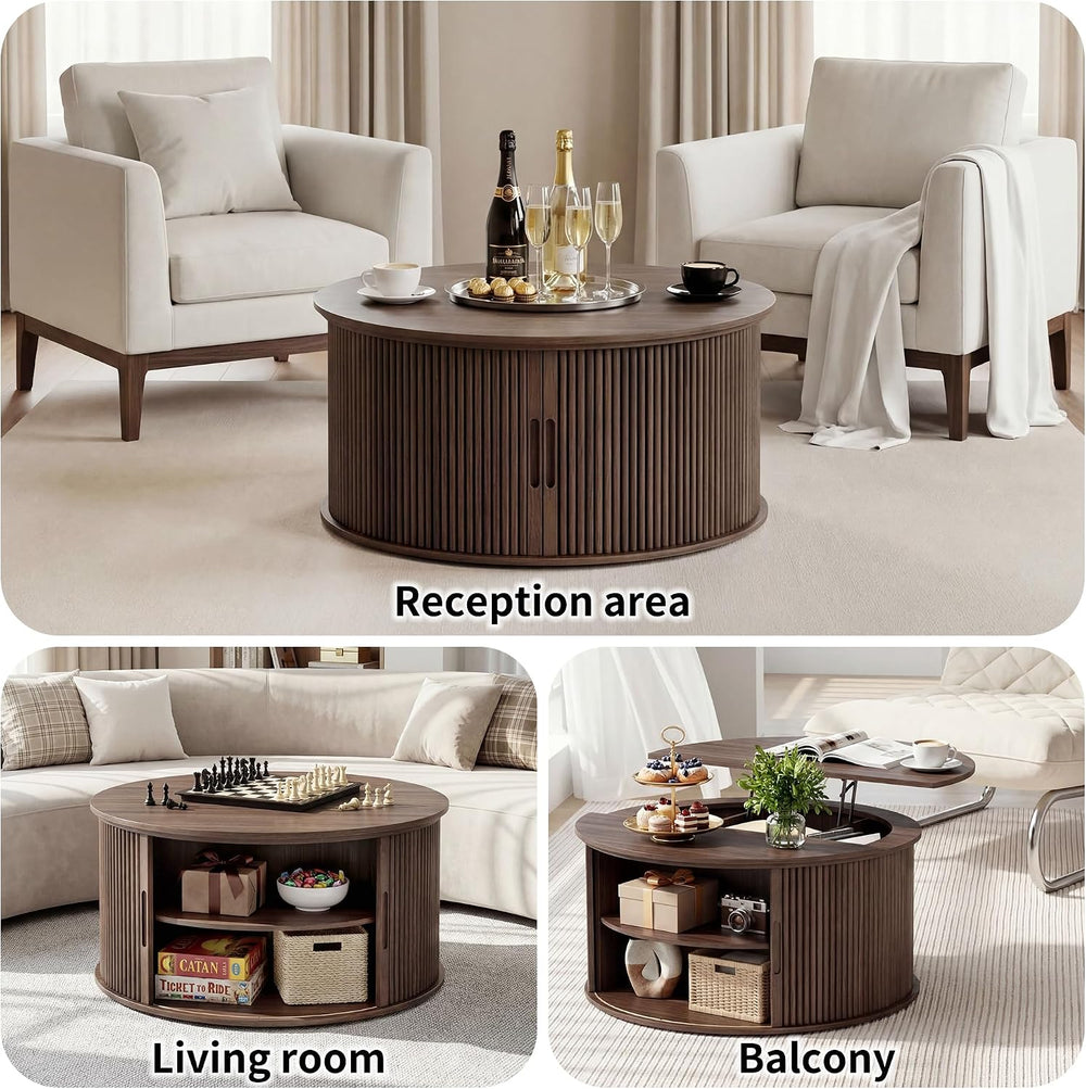 Round Lift Top Coffee Table, 31.5'' Fluted Coffee Table with Hidden S...