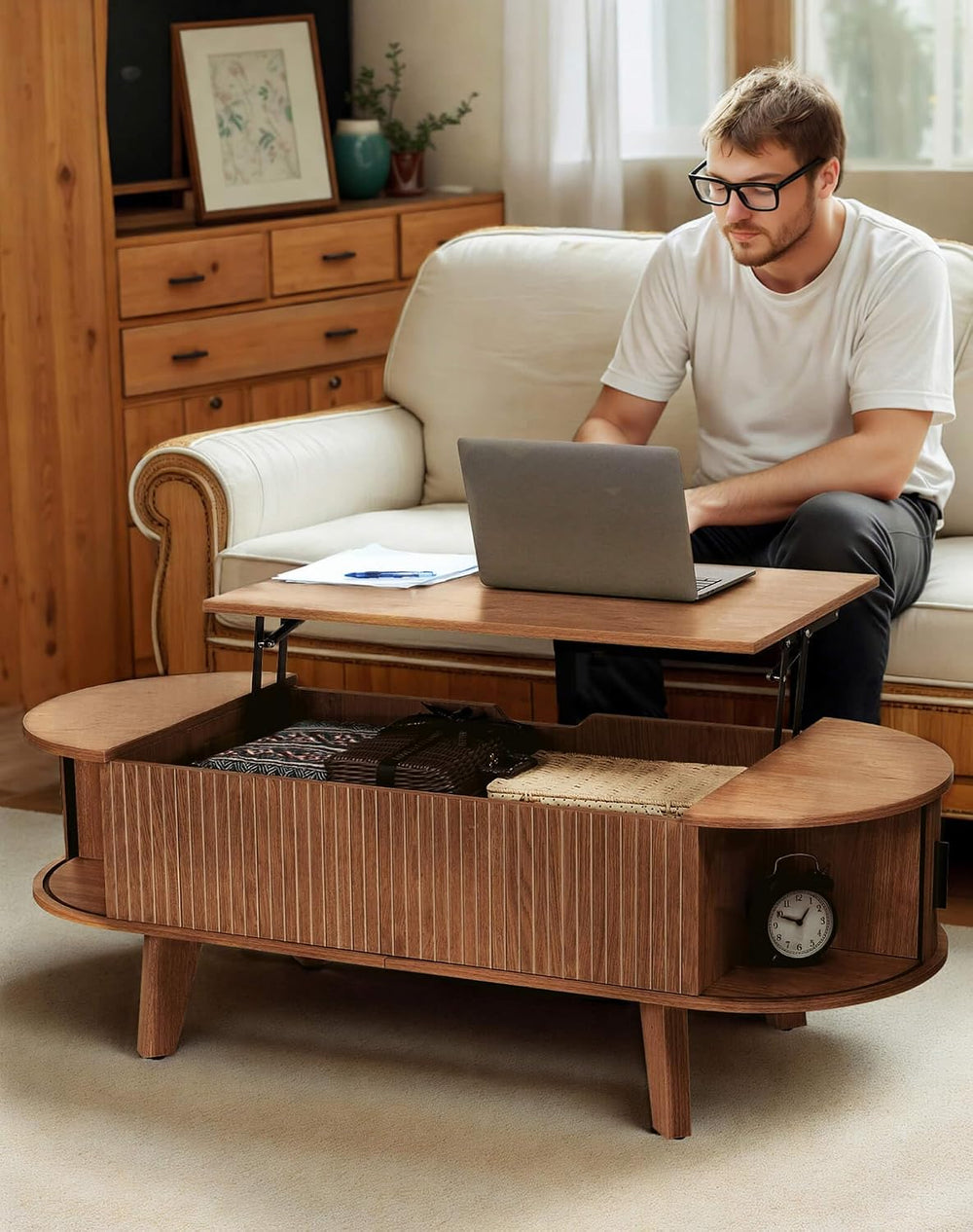 Oval Lift Top Coffee Table with Storage, 47.2" Mid Century Modern Living...