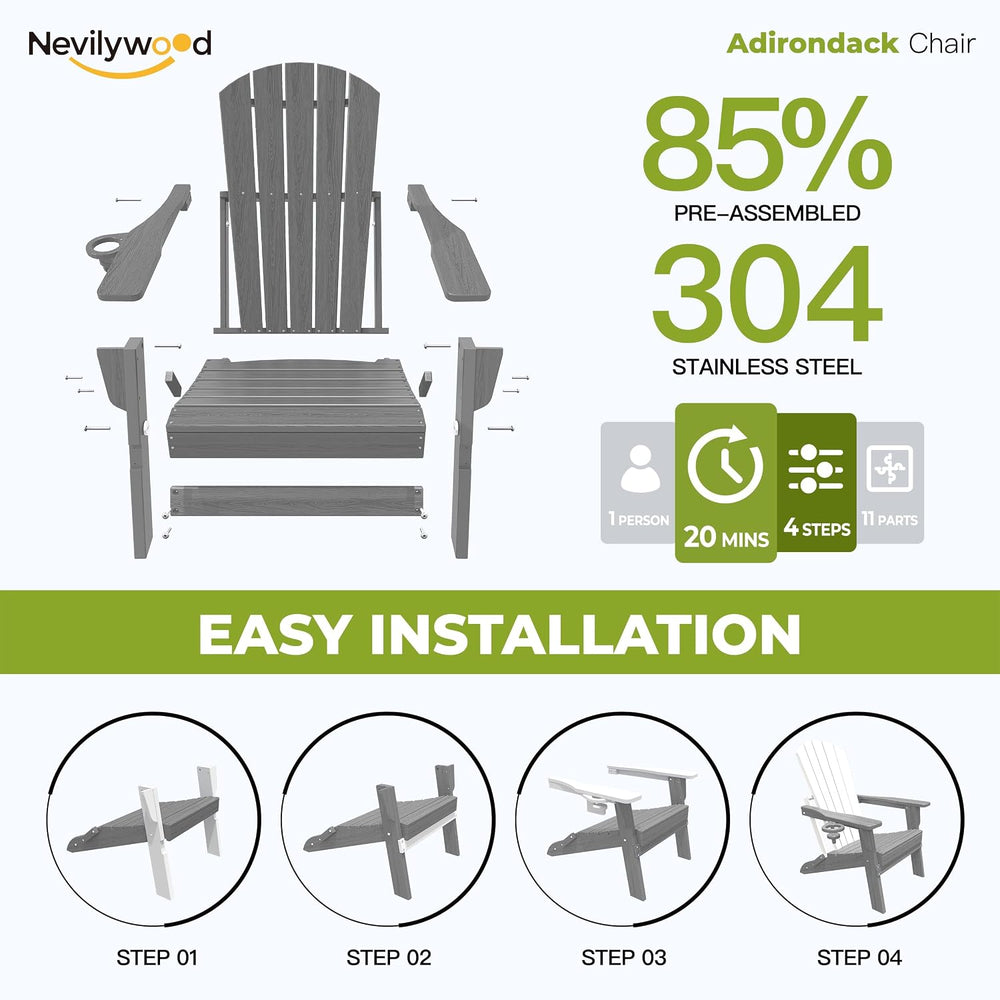 nevilywood Folding Adirondack Chairs Set of 2, HDPE Cup Holders, Grey