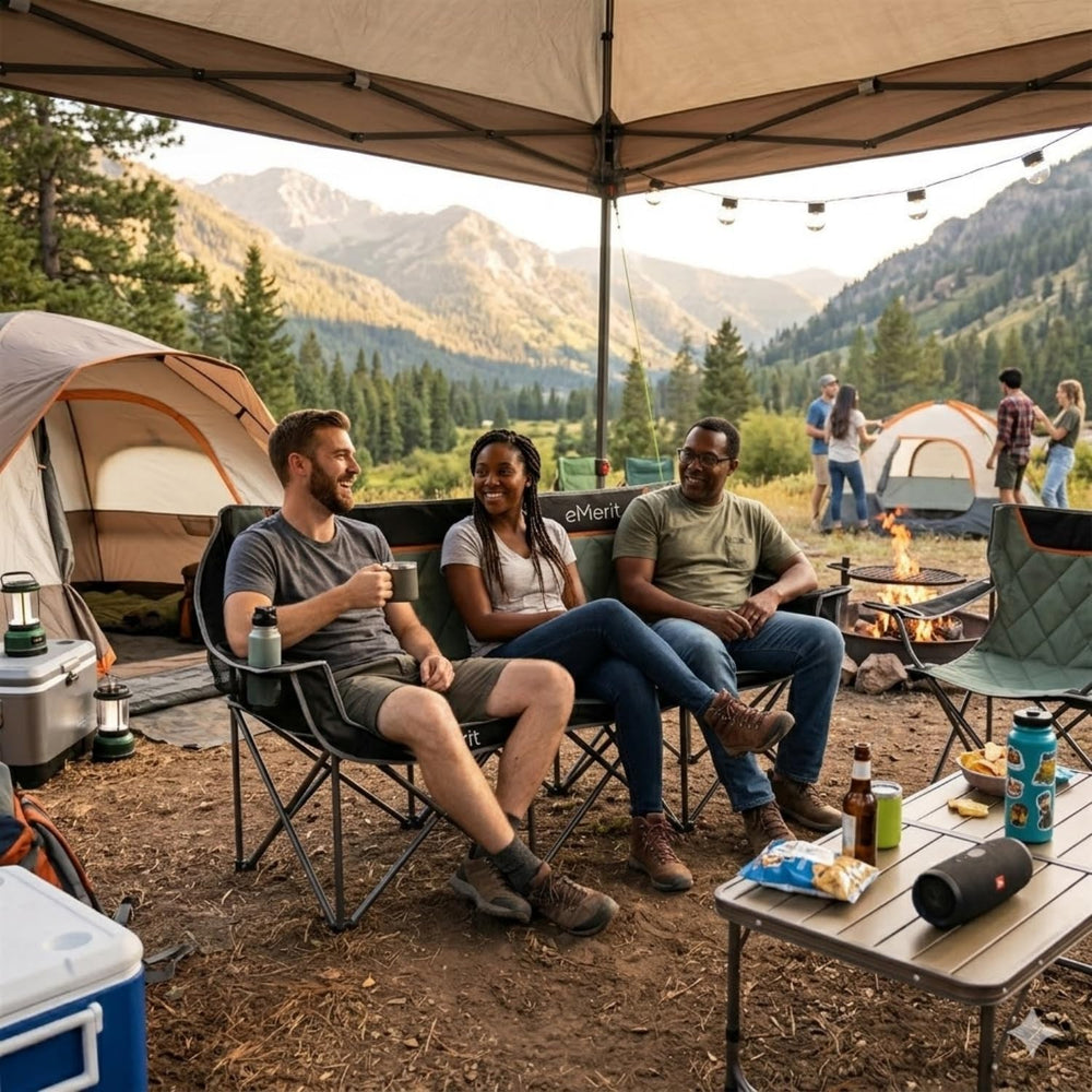 EMERIT 3 Person Camping Chair,900lb Heavy Duty Triple Loveseat Wide Padded Fo...