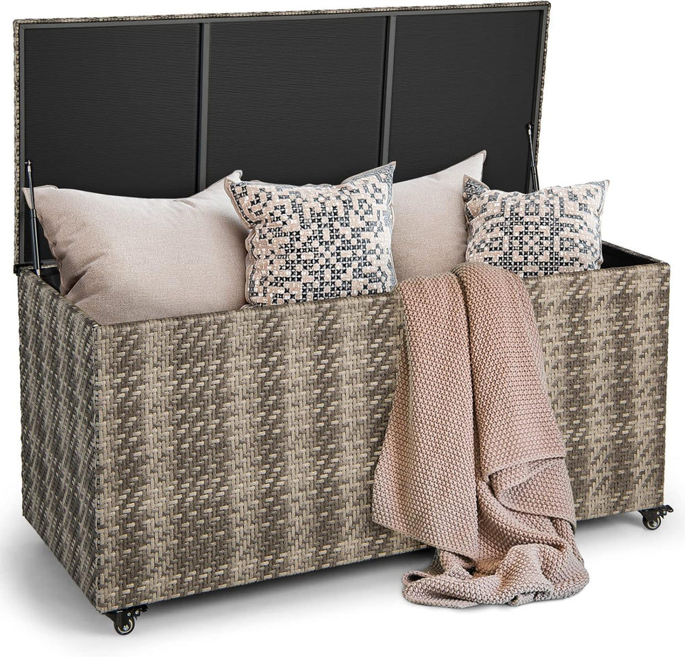 Giantex 96-Gallon Outdoor Storage Box - PE Wicker Deck Box with Lid, 4 Wheels...