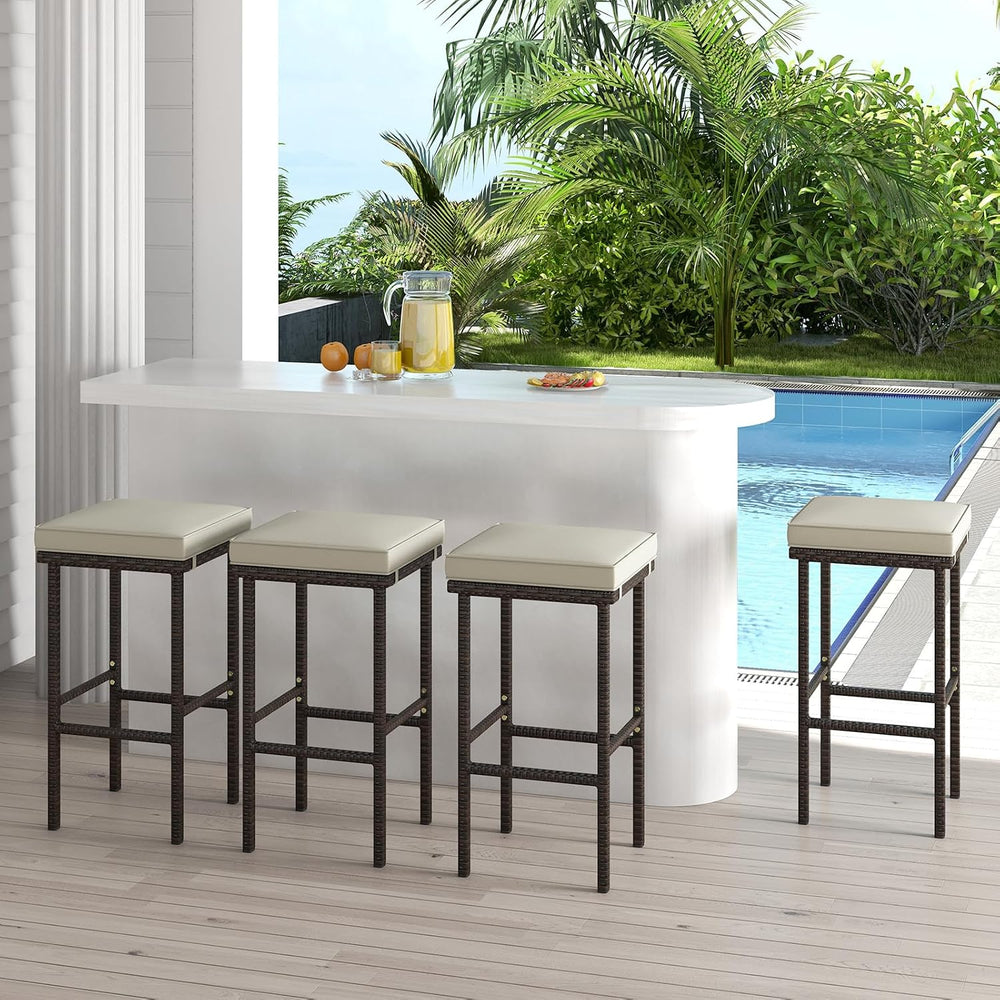 HAPPYGRILL Wicker Bar Stools Set of 4, Bar Height Bistro With Removable Seat ...