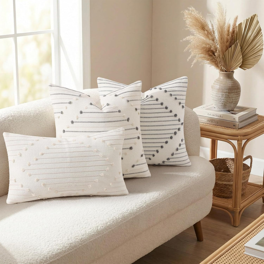 Mecatny Boho Outdoor Throw Pillow Covers 18x18 Set of 2 Beige & Cream White