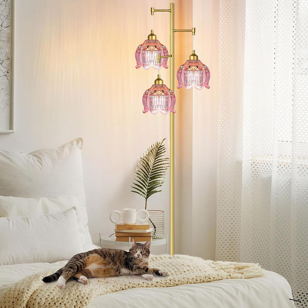 ILLMTW Glass Floor Lamp for Living Room,Bedroom,Gold Flower Mid Century Moder...