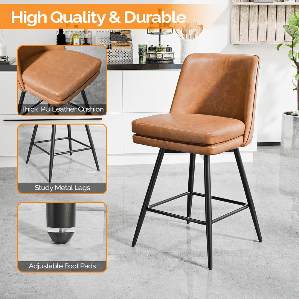 VINGLI 26" H Swivel Barstools Set of 3, PU Faux Leather Upholstered Coun...