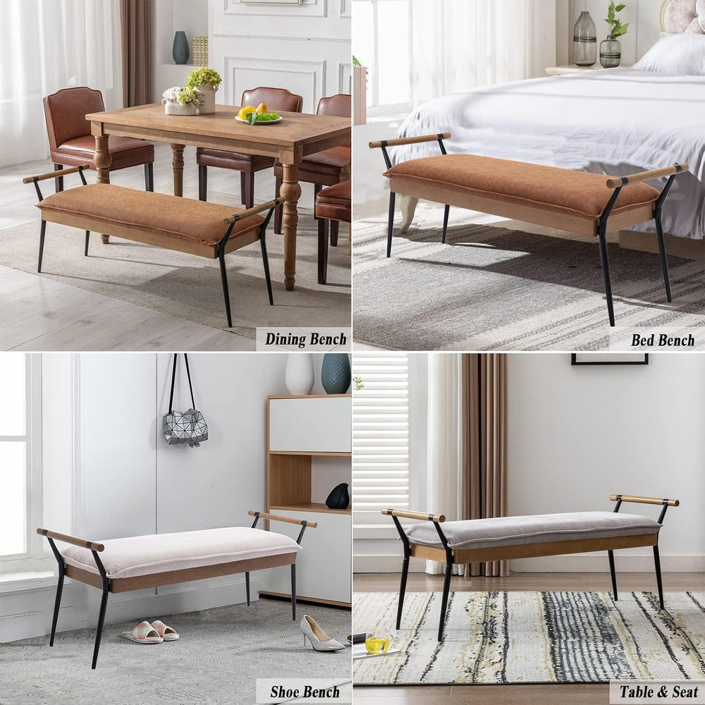 DUOMAY Modern PU Ottoman Bench with Arms & Metal Legs, Brown