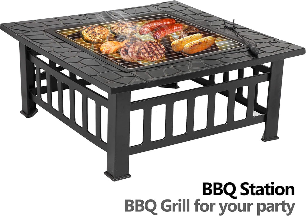 HomGarden 32" Fire Pit Outdoor Patio Square Metal Heater Deck Firepit Ba...