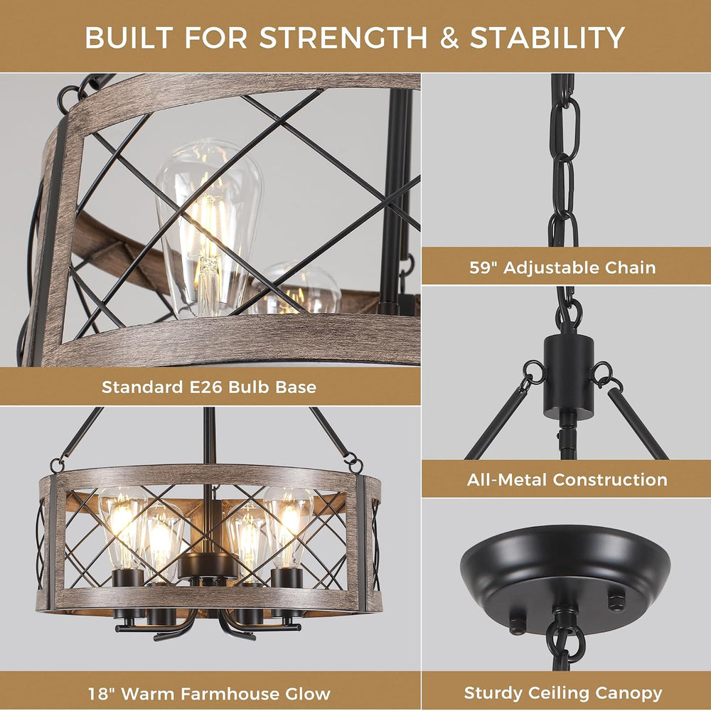 Farmhouse Drum Chandelier for Dining Room, 18" Rustic Black Chandelier w...