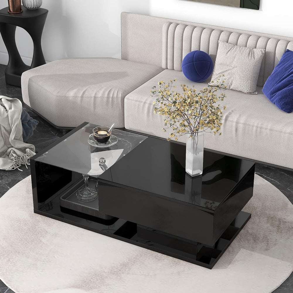 Modern Coffee Table with Tempered Glass, Wooden Cocktail Table with High-Glos...