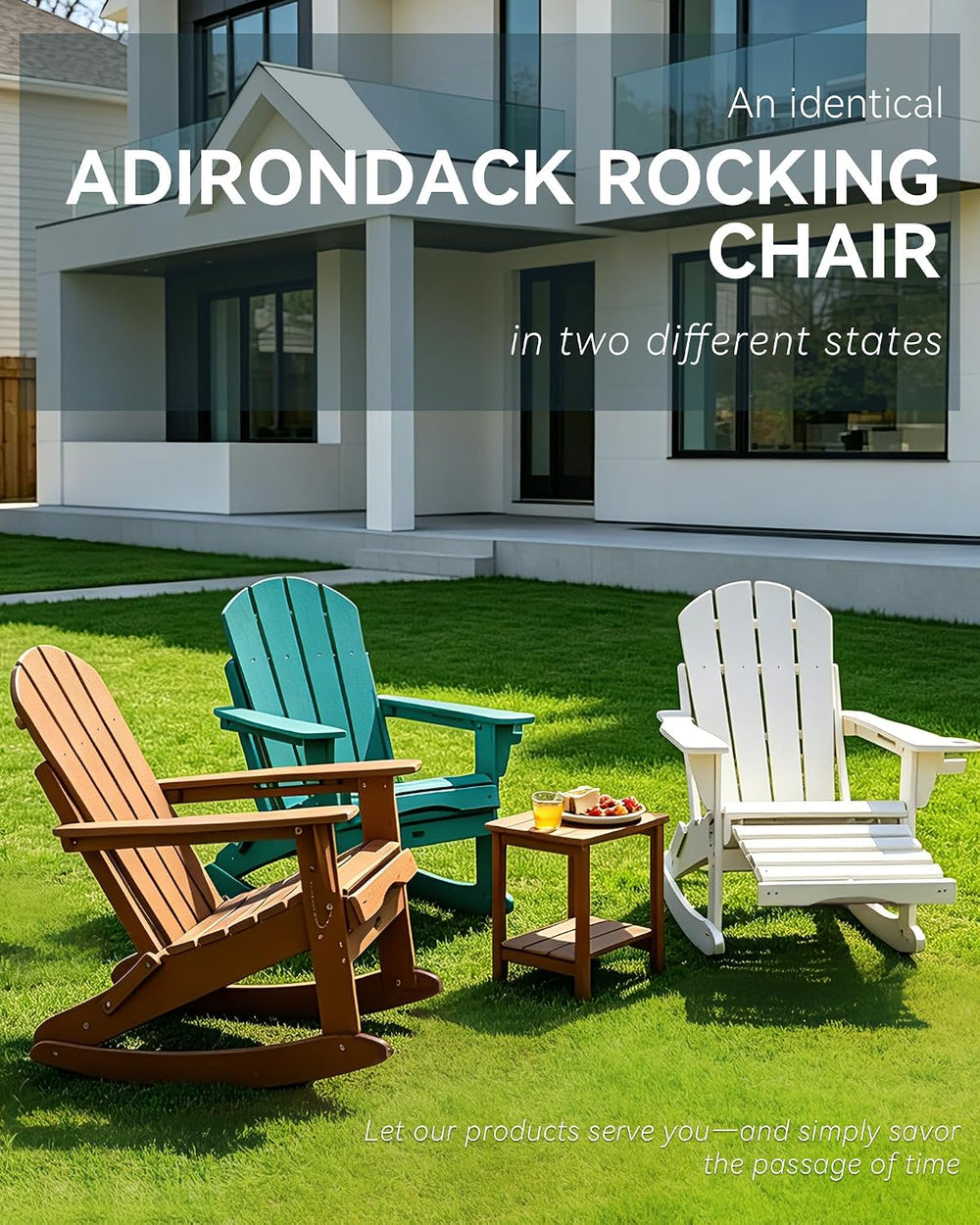 Adirondack Rocking Chair Set of 2 with Retractable Ottoman and Cup Holders, H...