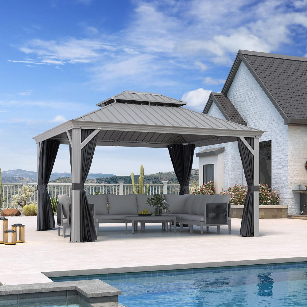 PURPLE LEAF Hardtop Gazebo 11' x 13' Patio Gazebo, Black Curtain &...