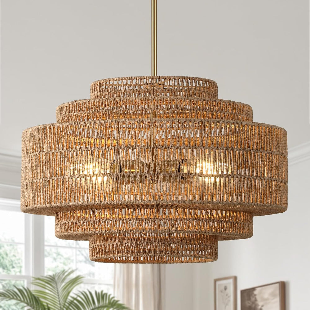 19.68" Gold Rattan Chandelier, 4-Light Handwoven Wicker Fixture