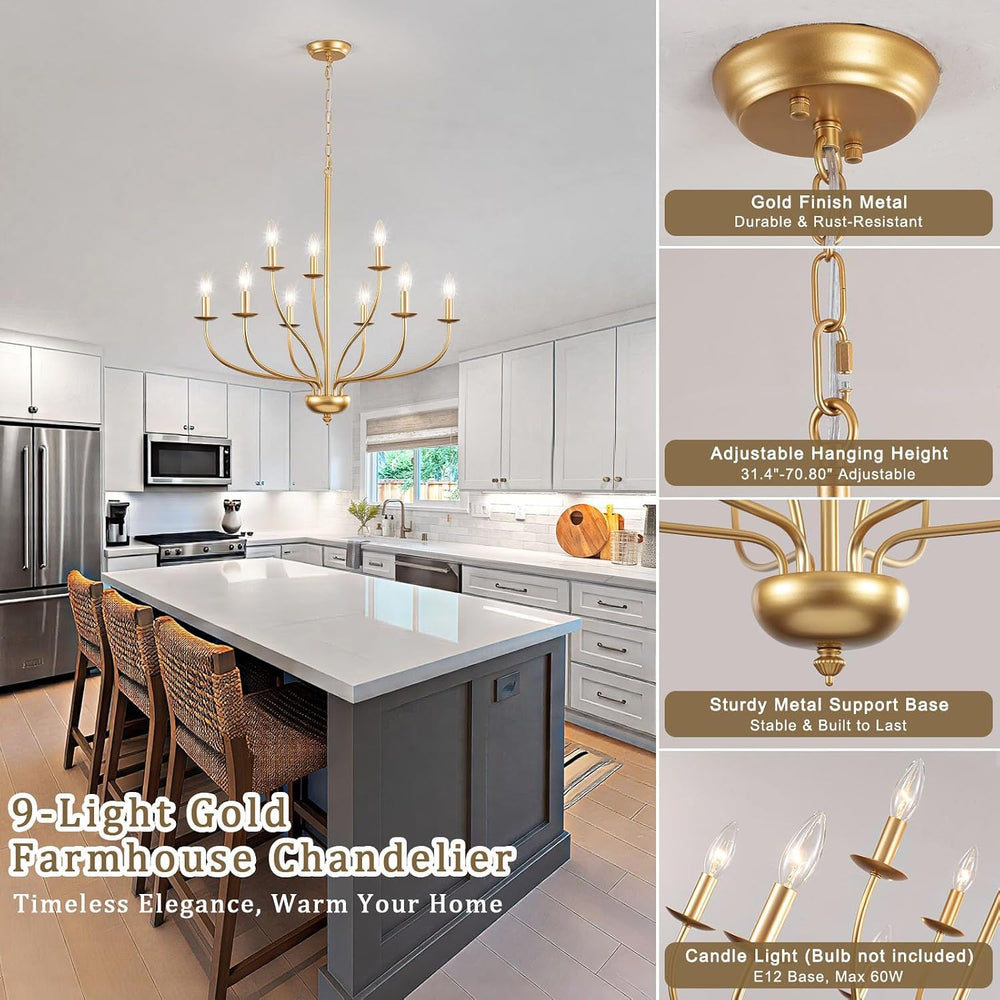 9-Light Gold Chandelier for Dining Room Light Fixtures, Mid Century Modern Fa...
