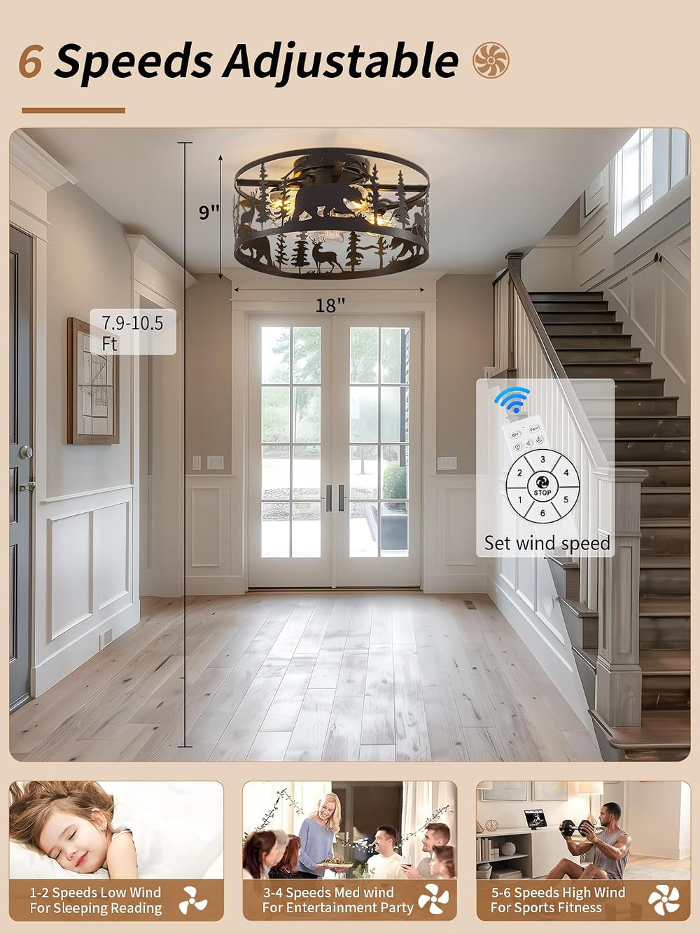 Farmhouse Caged Ceiling Fan with Light,Rustic Fandelier Flush Mount