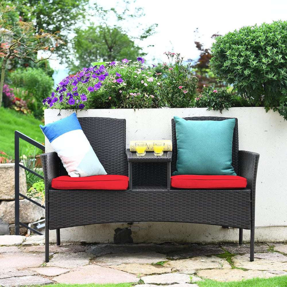 Tangkula Outdoor Rattan Loveseat, Patio Conversation Set with Cushions & ...
