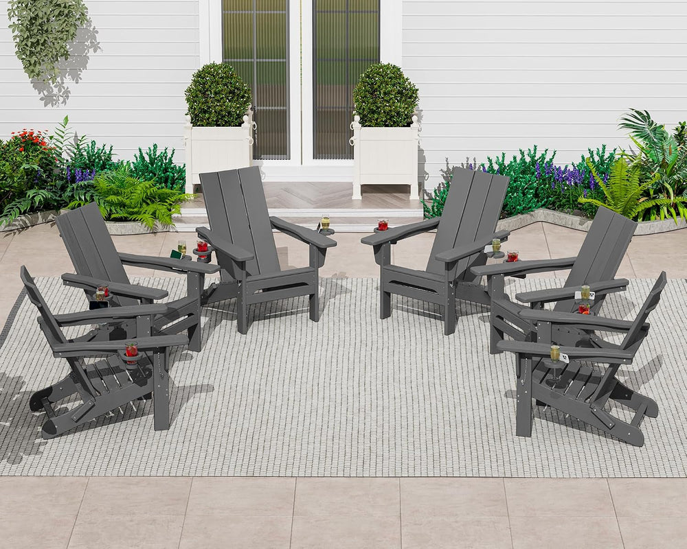 SERWALL HDPE Modern Folding Adirondack Chair with Dual Cup Holder, Gray