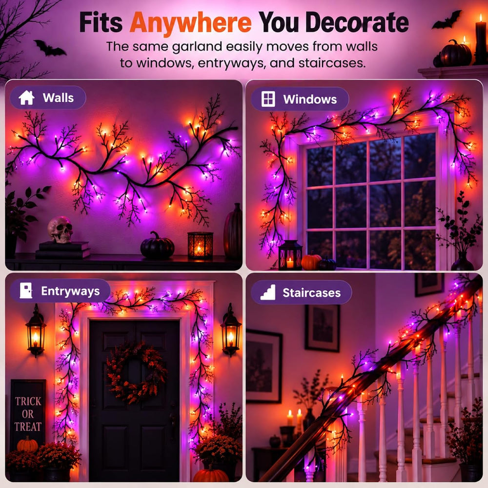 Halloween Garland with Orange & Purple Lights, 9 FT Bendable Black Branch
