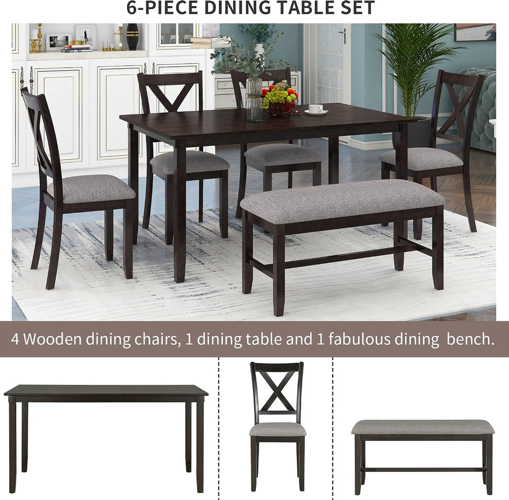 Merax 6 Piece Rustic Farmhouse Dining Table Set with Bench, Solid Wood Rectan...