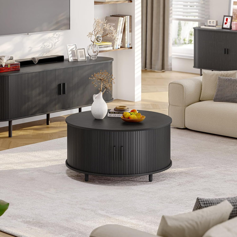 ONBRILL 31.5" Round Coffee Table with Storage Adjustable Footpads Black