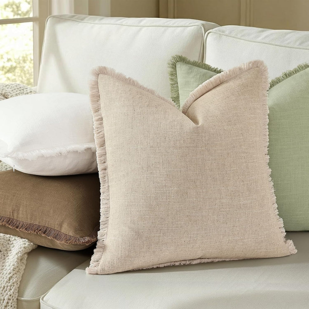 decorUhome Linen Fringe Natural Beige Throw Pillow Covers 22x22 Set of 2
