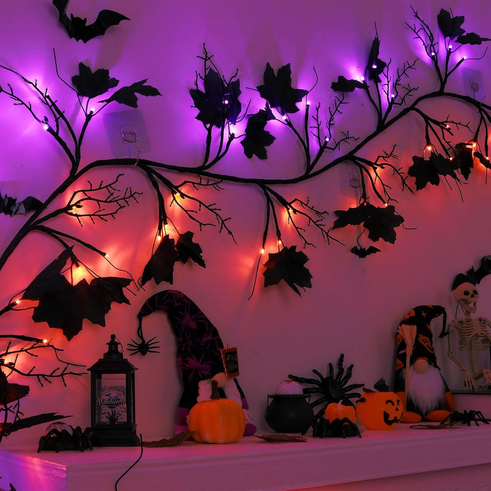 FLYSNK 9 FT 72 LED Halloween Willow Vine Twig Decorations With Orange & P...