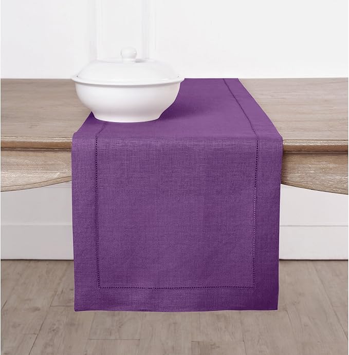 Solino Home Linen Purple Table Runner 36 Inches - Classic Hemstitch, 100% Pur...