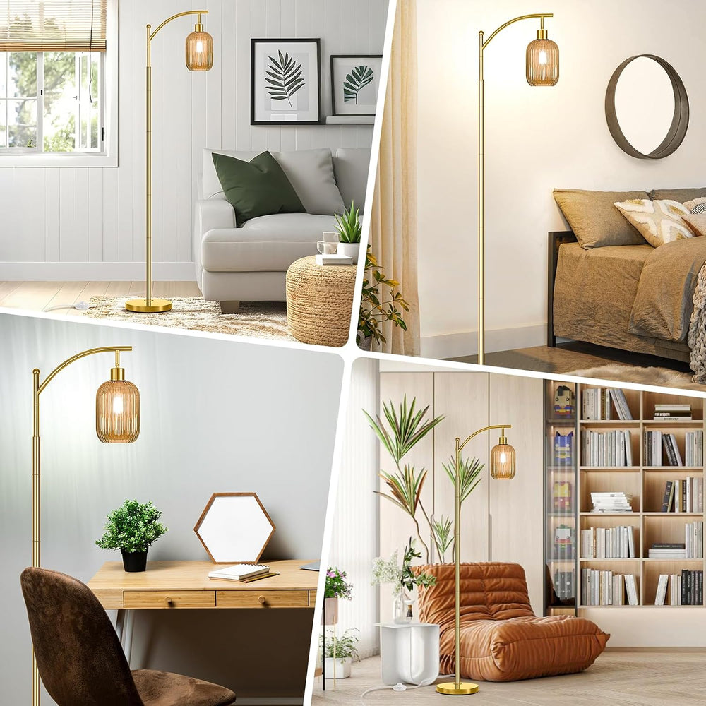 gernehop Glass Floor Lamp for Living Room, Modern Gold Standing Lamp with Rib...