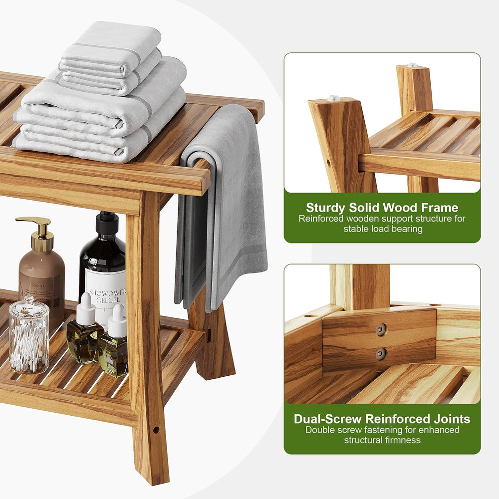 24" Teak Shower Bench with Handles & Towel Shelf