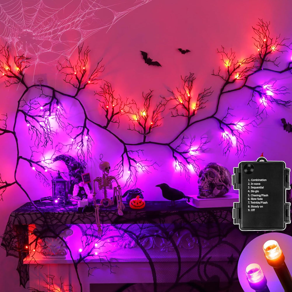 9 FT 66 LED Willow Vine Twig Decor Black Halloween Garland with Orange Purple...