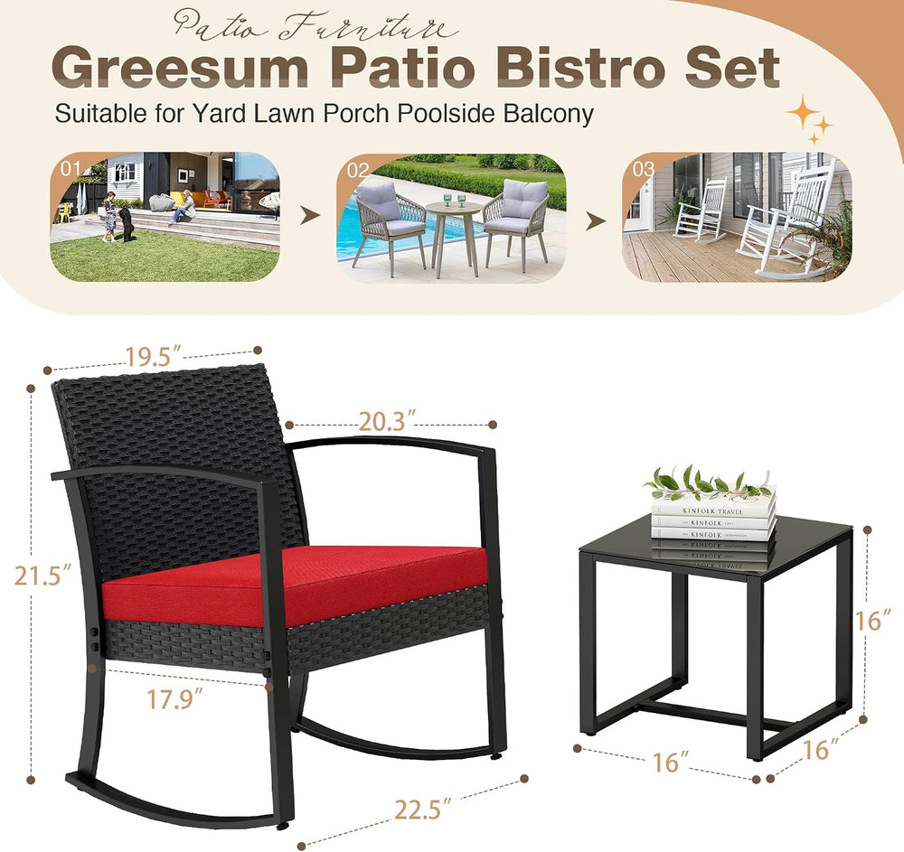Greesum 3 Piece Outdoor Bistro Set, Imitation Rattan Conversation Set, Patio ...