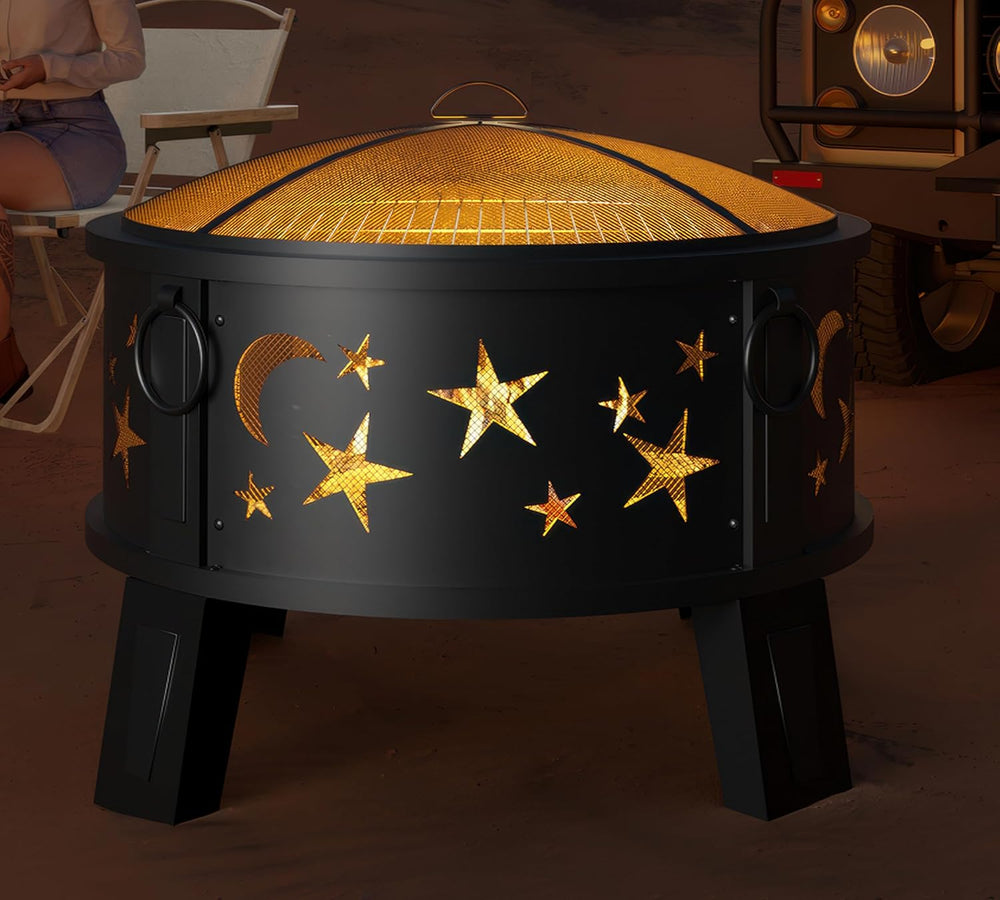 Kingson 26" Outdoor Fire Pit with Grill & Mesh Cover, Wood Burning S...