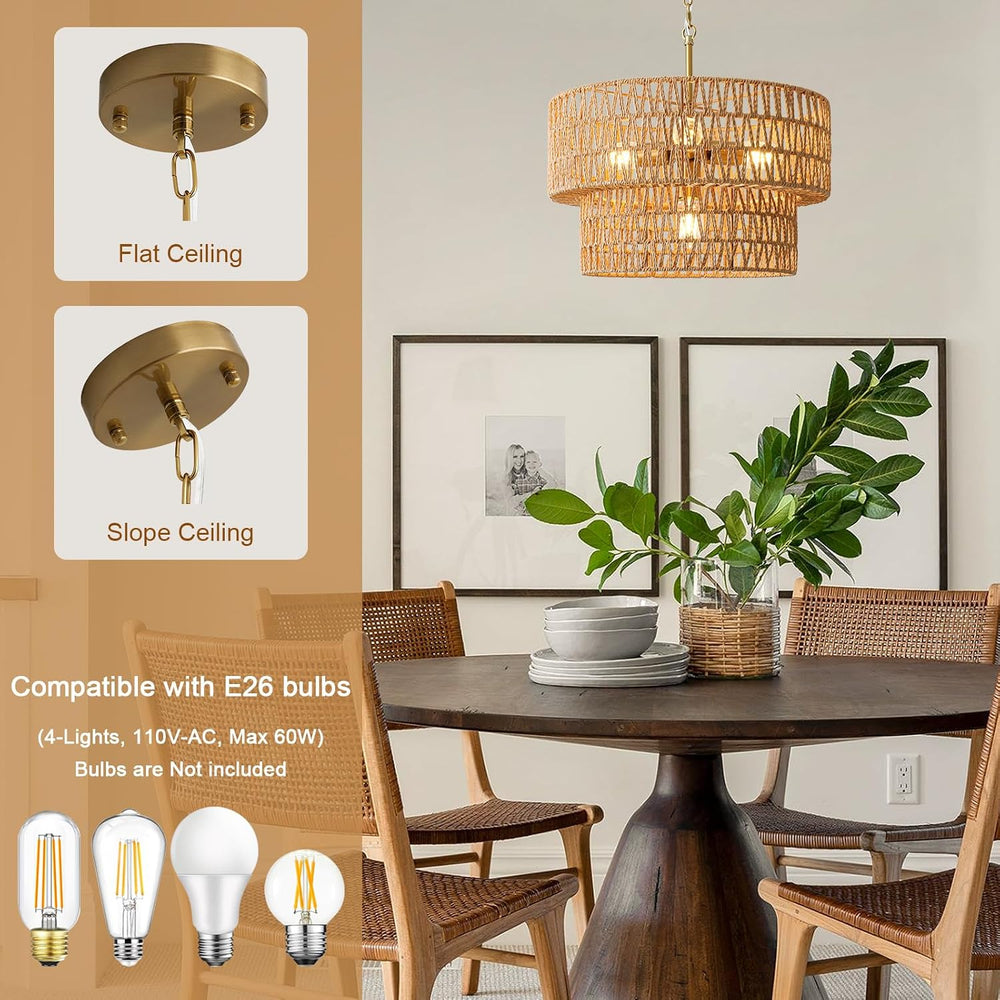 17.8" Boho Rattan Chandelier Light Fixtures, 4-Light Rattan Pendant Light