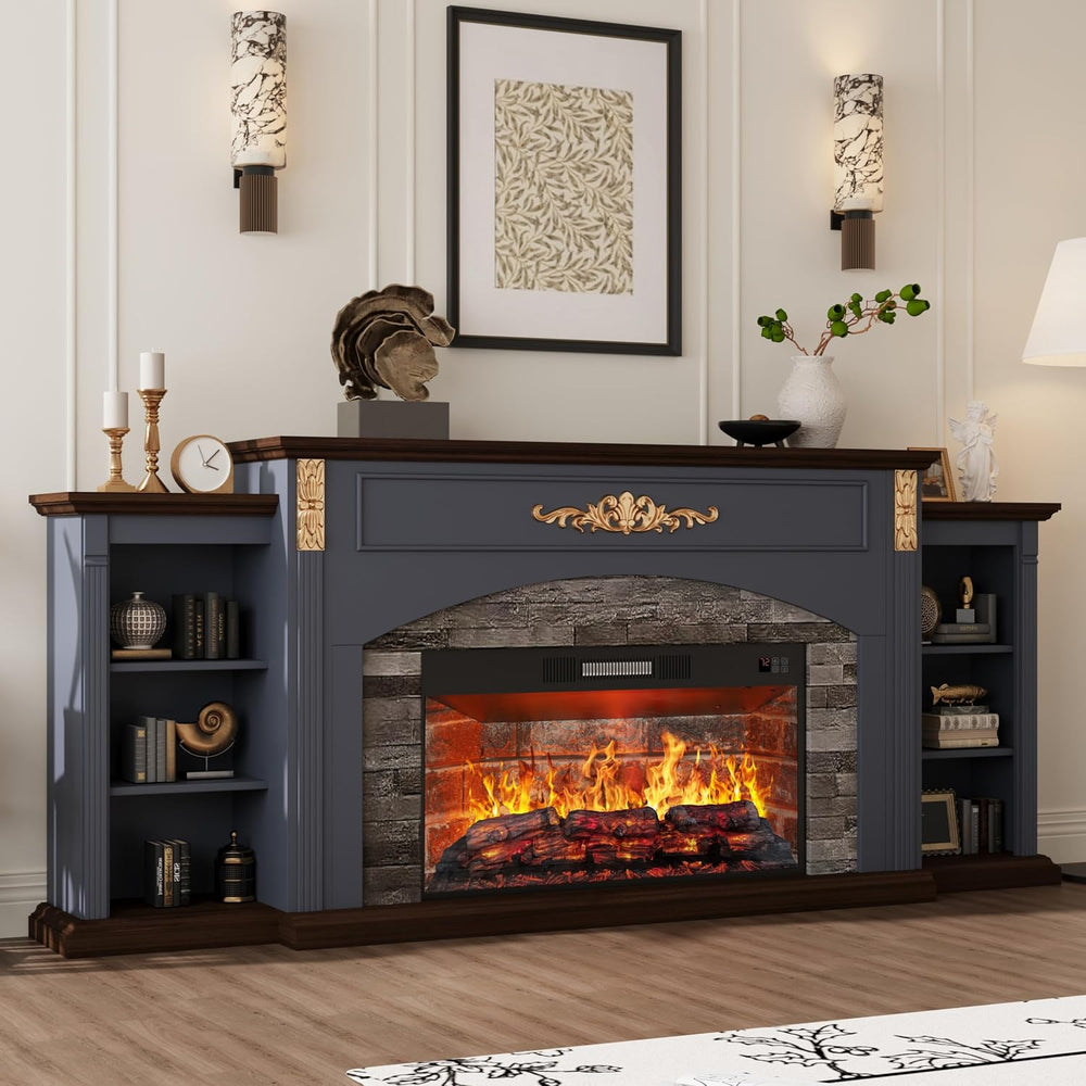 80" Fireplace TV Stand with Mantel, Navy Blue Entertainment Center with ...