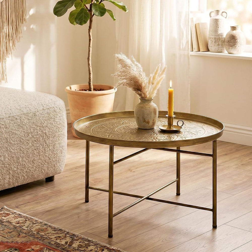 HOMCOM 24" Hammered Round Coffee Table Vintage Metal Side Table Gold