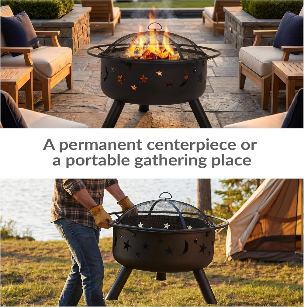 Sunnydaze Cosmic 30" Outdoor Wood Fire Pit with Grill Grate, Steel, Black