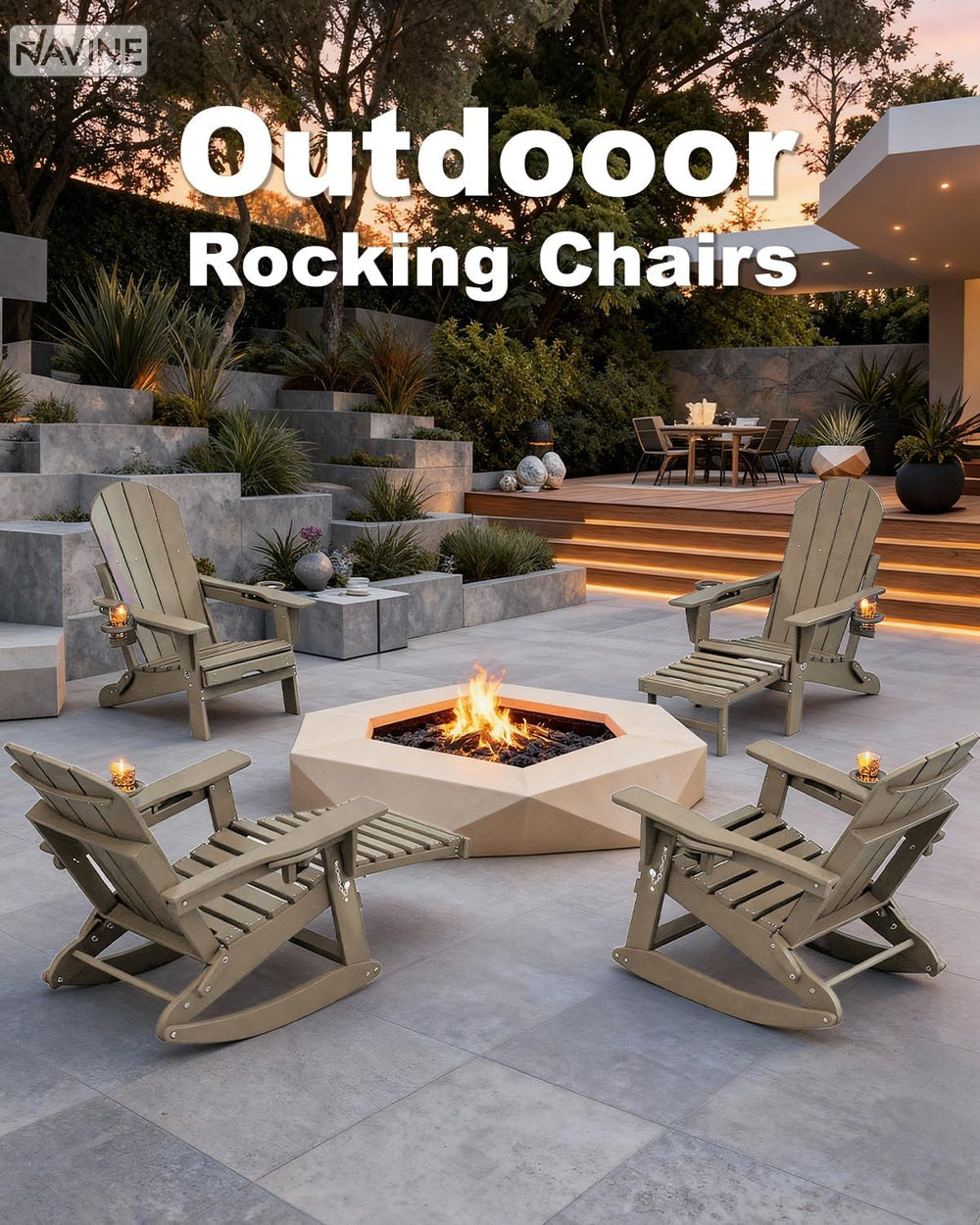 NAVINE Adirondack Rocking Chairs Set of 2 with Retractable Ottoman, Brown