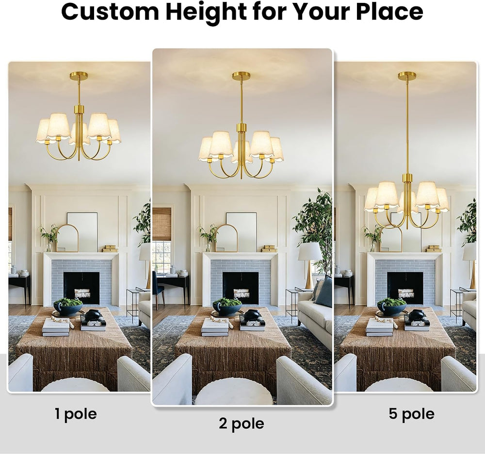 Modern Gold Chandelier 5-Light Dining Room Chandelier with Fabric Shades Kitc...