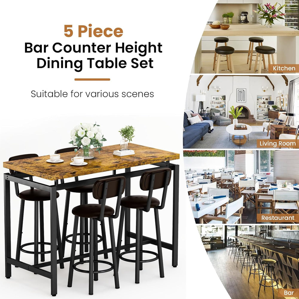 Recaceik Bar Table Set for 4 Bar Table and Chairs Set, Industrial Dinner Tabl...