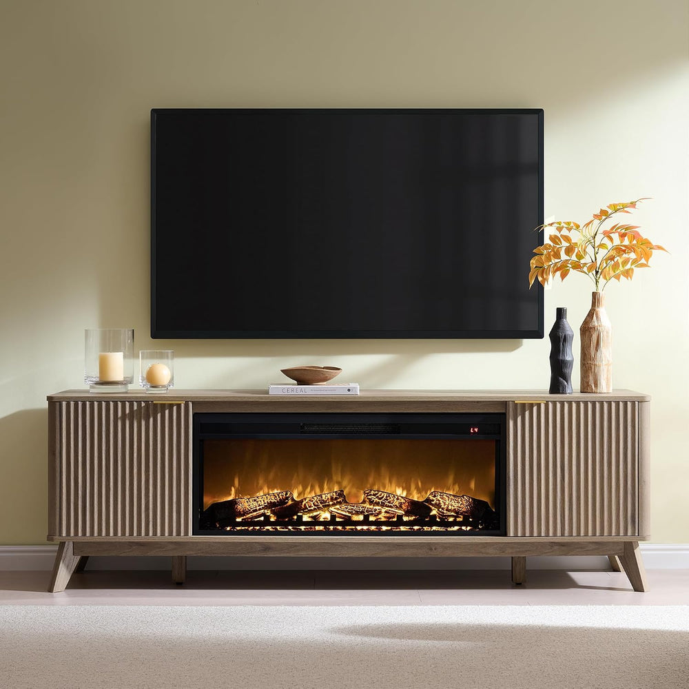 OKD 70" Fluted Fireplace TV Stand with 36" Electric Fireplace, Alde...